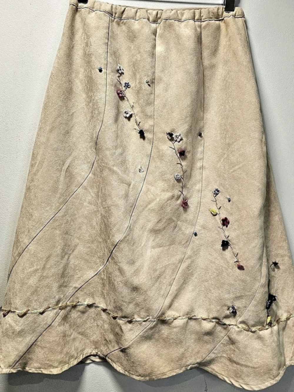 Red Bud Embroidered Floral Midi Skirt Beige A-Line Cottagecore Boho Fairycore
